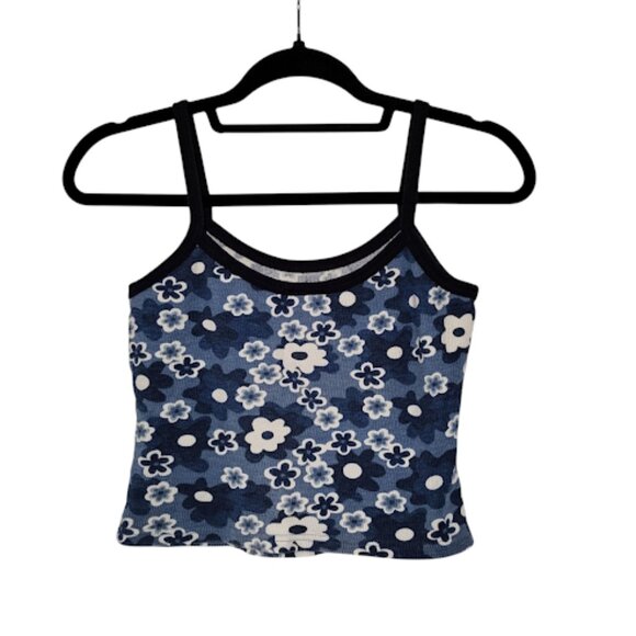 AQUA BLUES Vintage Baby Tee Y2K Ribbed Daisy Retro Floral Crop Top Blue Cami S - Picture 2 of 6